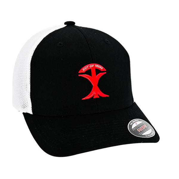 Trucker Cap Two Tone Fitted Style. Decorated With Out Of Texas 3D Emblem.